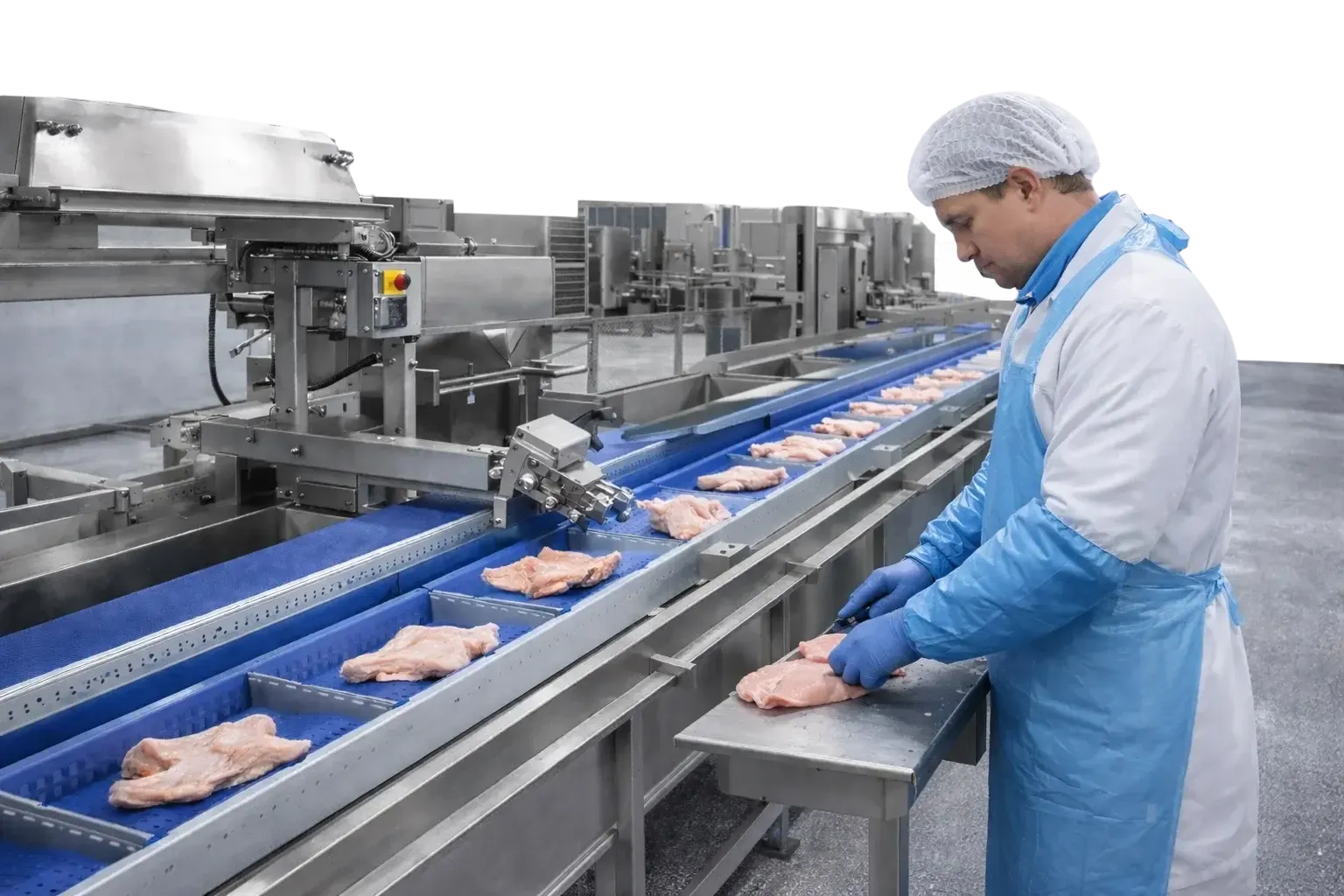 Рабочий участок обвалки птицы с операторами и конвейером